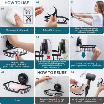 Soap Holder Bar Dish Suction Cup, Bar Shampoo Rack for Shower Wall, Draining Soap Saver Tray for Bathroom, Rustproof Stainless Steel Sponge Holder for Tub, Kitchen, Drill-Free, Black