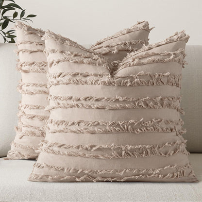 Set of 2 Decorative Boho Throw Pillow Covers Linen Striped Jacquard Pattern Cushion Covers for Sofa Couch Living Room Bedroom 18X18 Inch Beige
