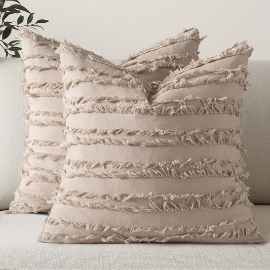 Set of 2 Decorative Boho Throw Pillow Covers Linen Striped Jacquard Pattern Cushion Covers for Sofa Couch Living Room Bedroom 18X18 Inch Beige