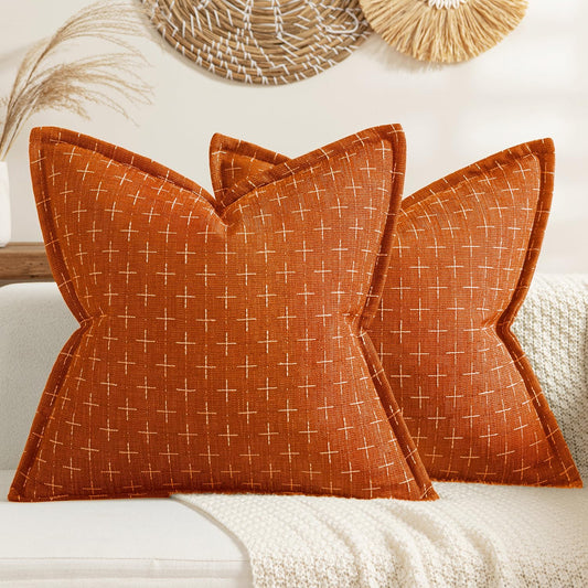 Fall Decorative Burlap Linen Fall Throw Pillows Covers 18X18 Inch Rust Vintage Couch Pillow Covers Modern Farmhouse Pillowcase Woven Textured Cushion Cases for Sofa Bed Livingroom
