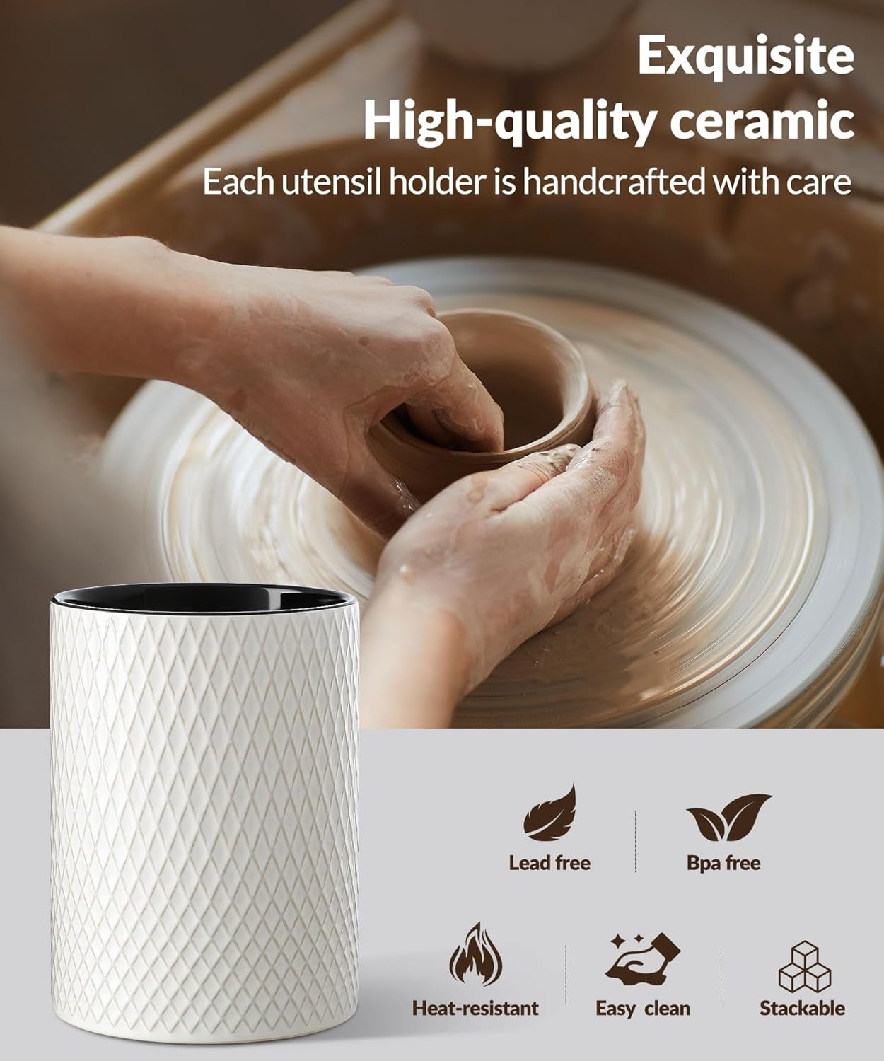 Utensil Holder 7.5+6In, Extra Large Stable Ceramic Embossed Dishwasher Safe Kitchen Utensils Holder, Ideal for Counter, Cooking Spatula Crock Organizer, Set of 2 (White Diamond Check)