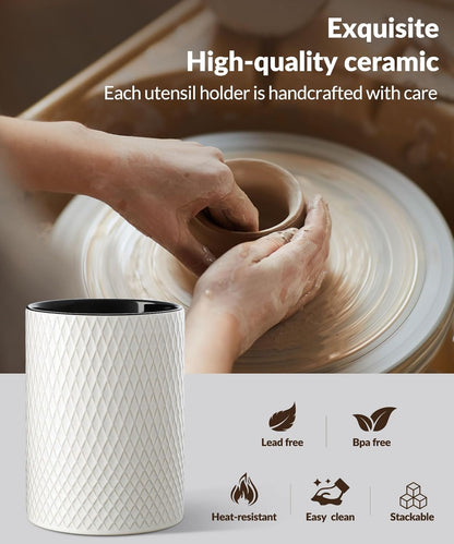 Utensil Holder 7.5+6In, Extra Large Stable Ceramic Embossed Dishwasher Safe Kitchen Utensils Holder, Ideal for Counter, Cooking Spatula Crock Organizer, Set of 2 (White Diamond Check)