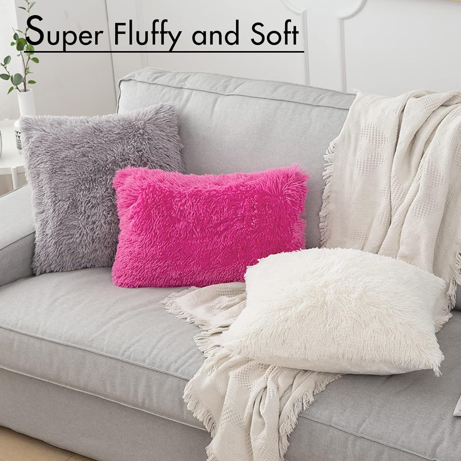 Pack of 2 Luxury Faux Fur Throw Pillow Cover Deluxe Winter Decorative Plush Pillow Case Cushion Cover Shell for Sofa Bedroom Car 18 X 18 Inch Beige