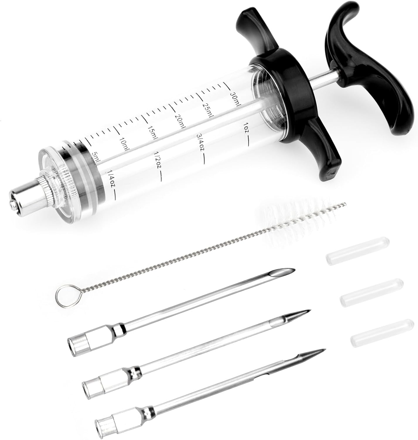 Turkey Meat Injector Syringe Kit with 3 Marinade Needles for BBQ Grill Smoker, 1 Cleaning Brush, 1 Oz/30 Ml Large Capacity Injector Marinades for Meats Black