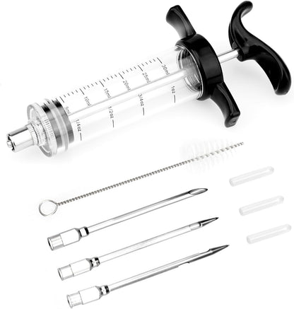 Turkey Meat Injector Syringe Kit with 3 Marinade Needles for BBQ Grill Smoker, 1 Cleaning Brush, 1 Oz/30 Ml Large Capacity Injector Marinades for Meats Black