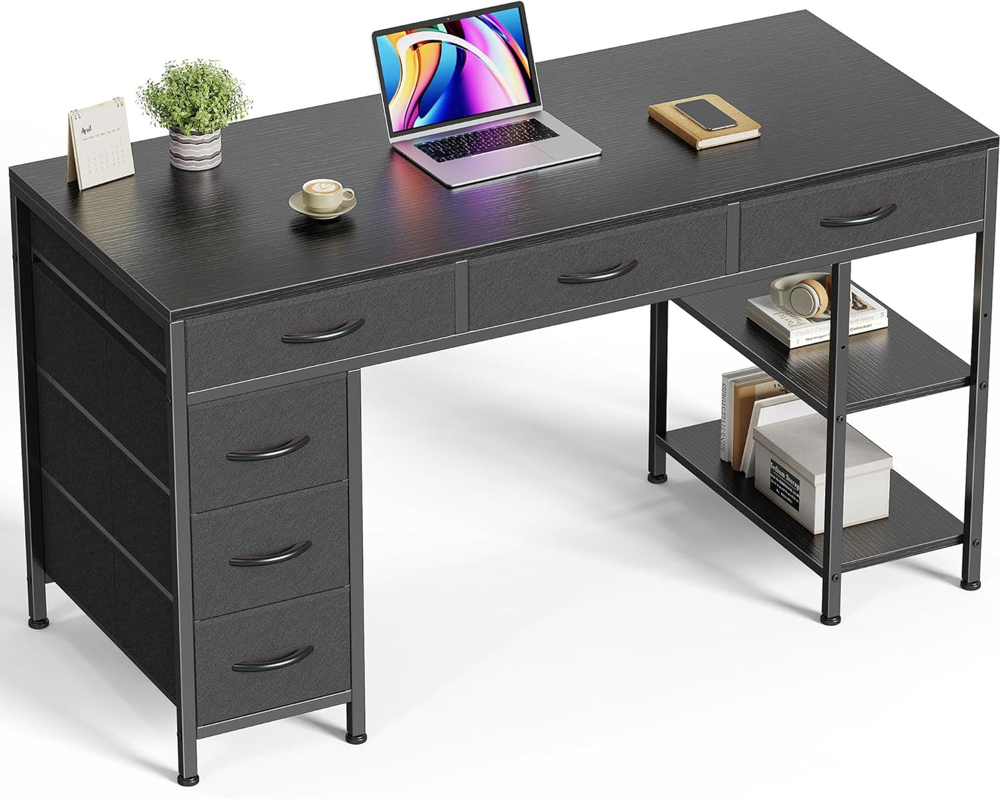 47-Inch Computer Desk with 6 Drawers and Shelves, Versatile Reversible Gaming and Corner Desk with Storage for Home Office, Study, and Living Room, Black