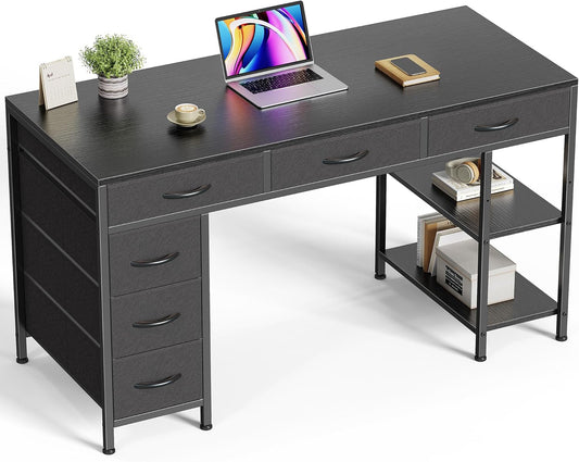 47-Inch Computer Desk with 6 Drawers and Shelves, Versatile Reversible Gaming and Corner Desk with Storage for Home Office, Study, and Living Room, Black
