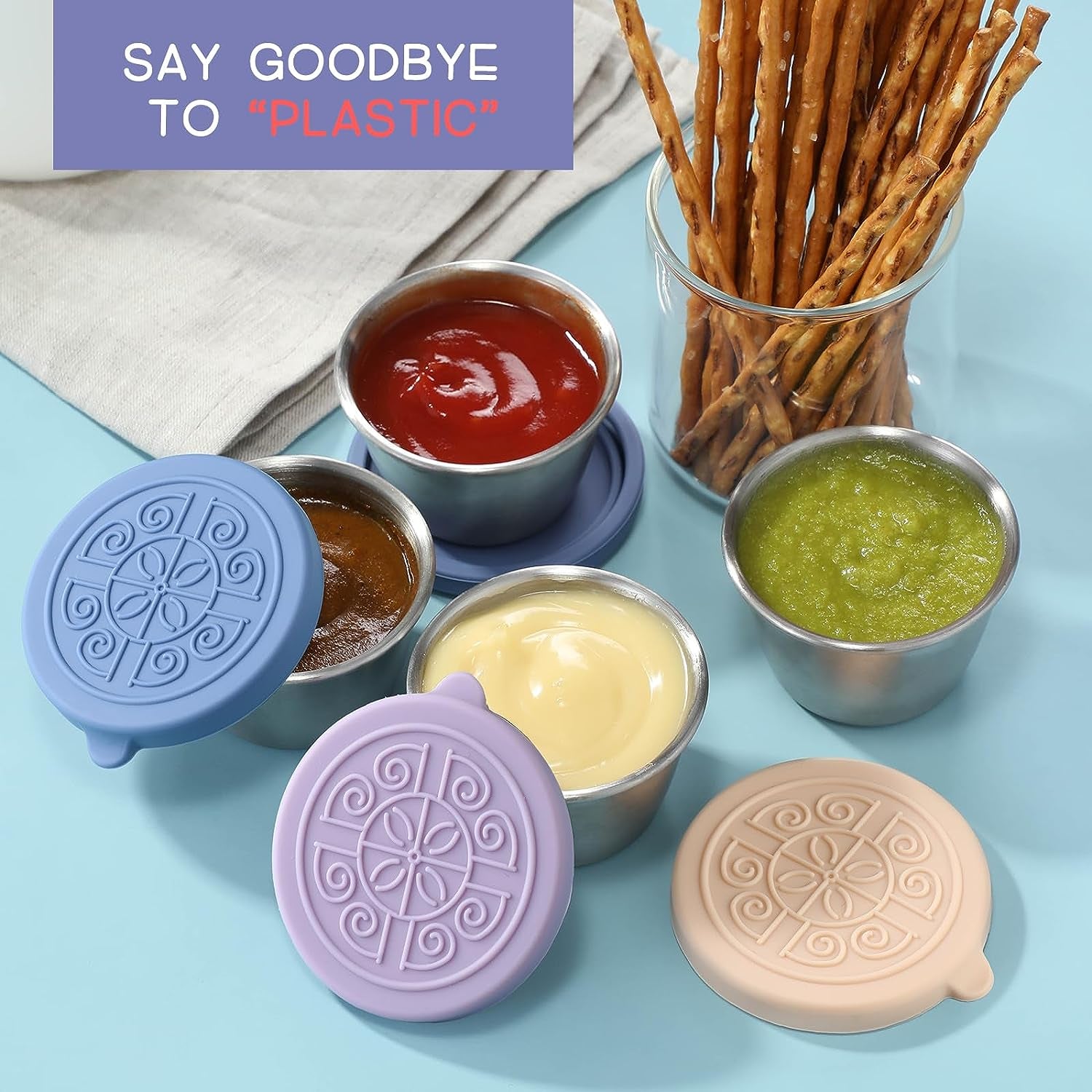 [6 Pack] Salad Dressing Container to Go, 1.6 Oz Small Condiment Containers with Lids, Reusable Stainless Steel Sauce Cups , Leakproof Silicone Lids for Lunch Bento Box, Picnic and Travel