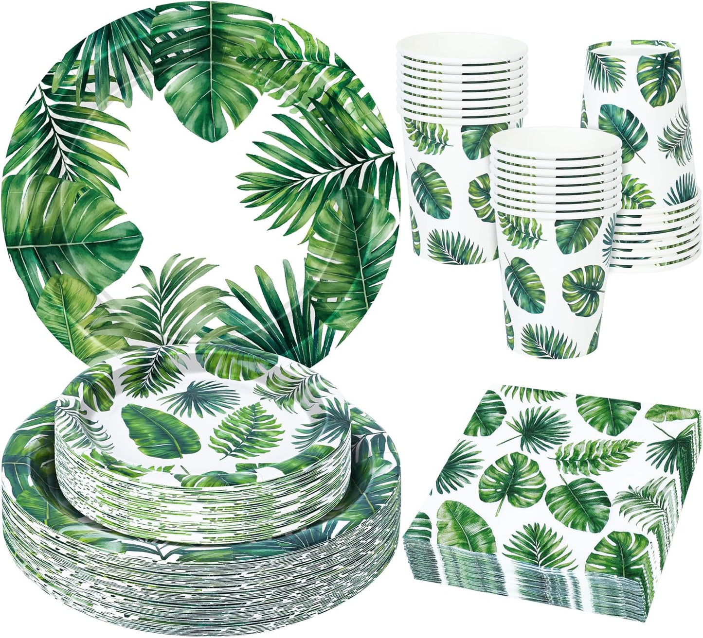 24 Sets Hawaiian Luau Party Decorations, Tropical Palm Leaf Disposable Tableware Set, 7 and 9 in round Paper Plates for Summer Themed Events Aloha Birthday Party Supplies, Serves 24