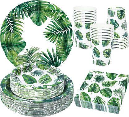 24 Sets Hawaiian Luau Party Decorations, Tropical Palm Leaf Disposable Tableware Set, 7 and 9 in round Paper Plates for Summer Themed Events Aloha Birthday Party Supplies, Serves 24