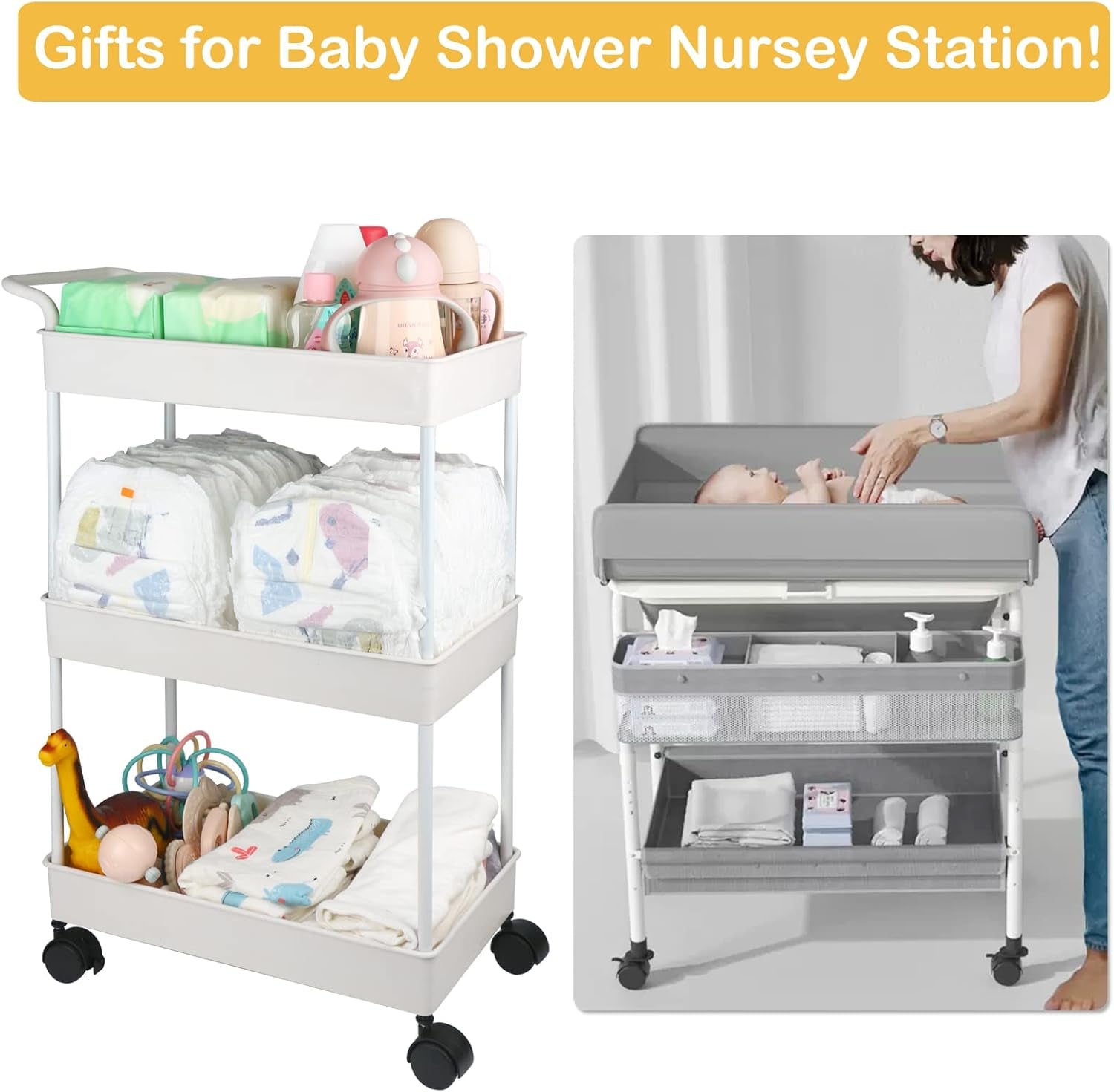 Baby Diaper Caddy, Plastic Movable Cart for Newborn Nursery Essentials Diaper Storage Caddy Organizer for Changing Table & Crib, Easy to Assemble, Beige