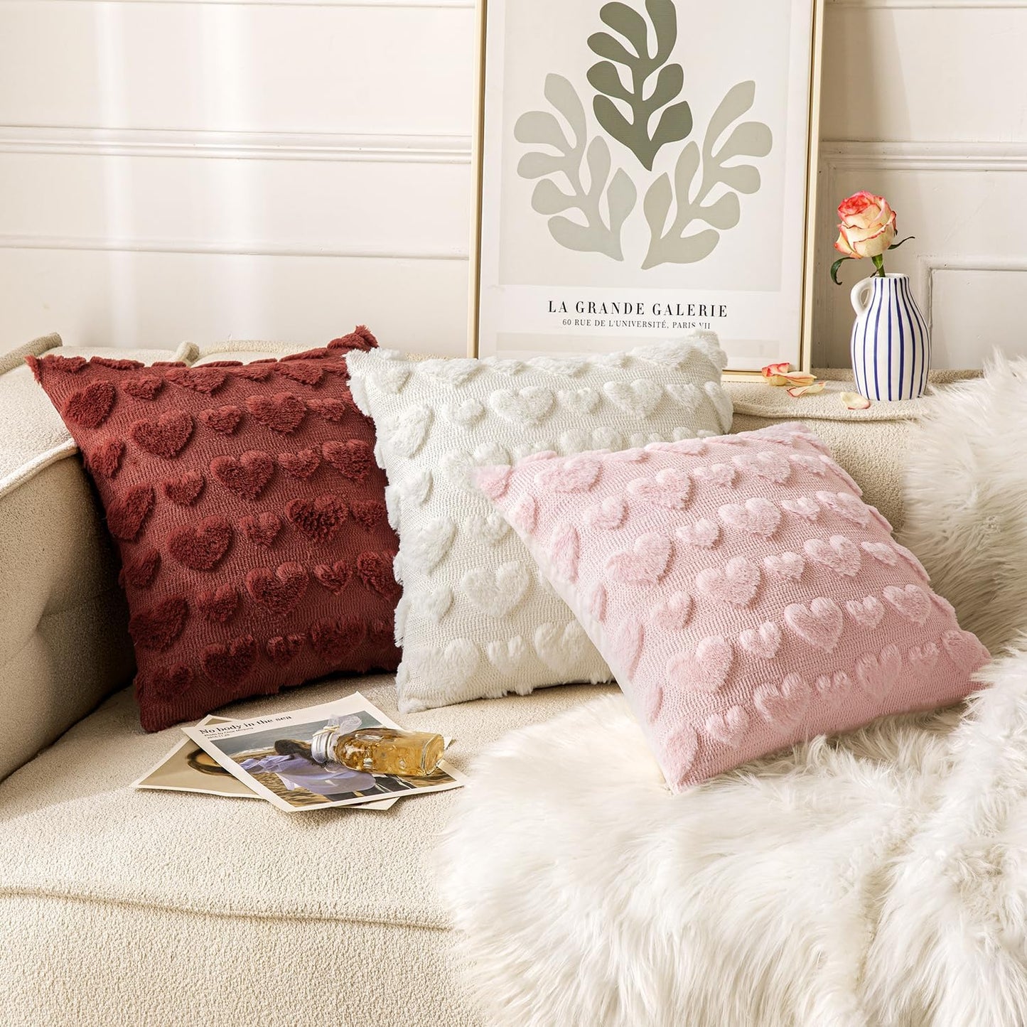 Set of 2 Burgundy Valentines Pillow Covers Heart Love Christmas Decorative Christmas Cute Throw Pillows 18X18 Inch Soft Plush Faux Wool Farmhouse for Spring Sofa Livingroom Bed