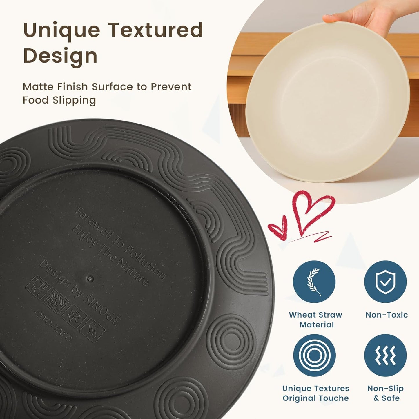 40-Piece Kitchen Wheat Straw Dinnerware Set - Includes Dinner Plates, Cereal Bowls, and Cups, Microwave and Dishwasher Safe, Unbreakable for Parties and Outdoor Use (Grey Stone)