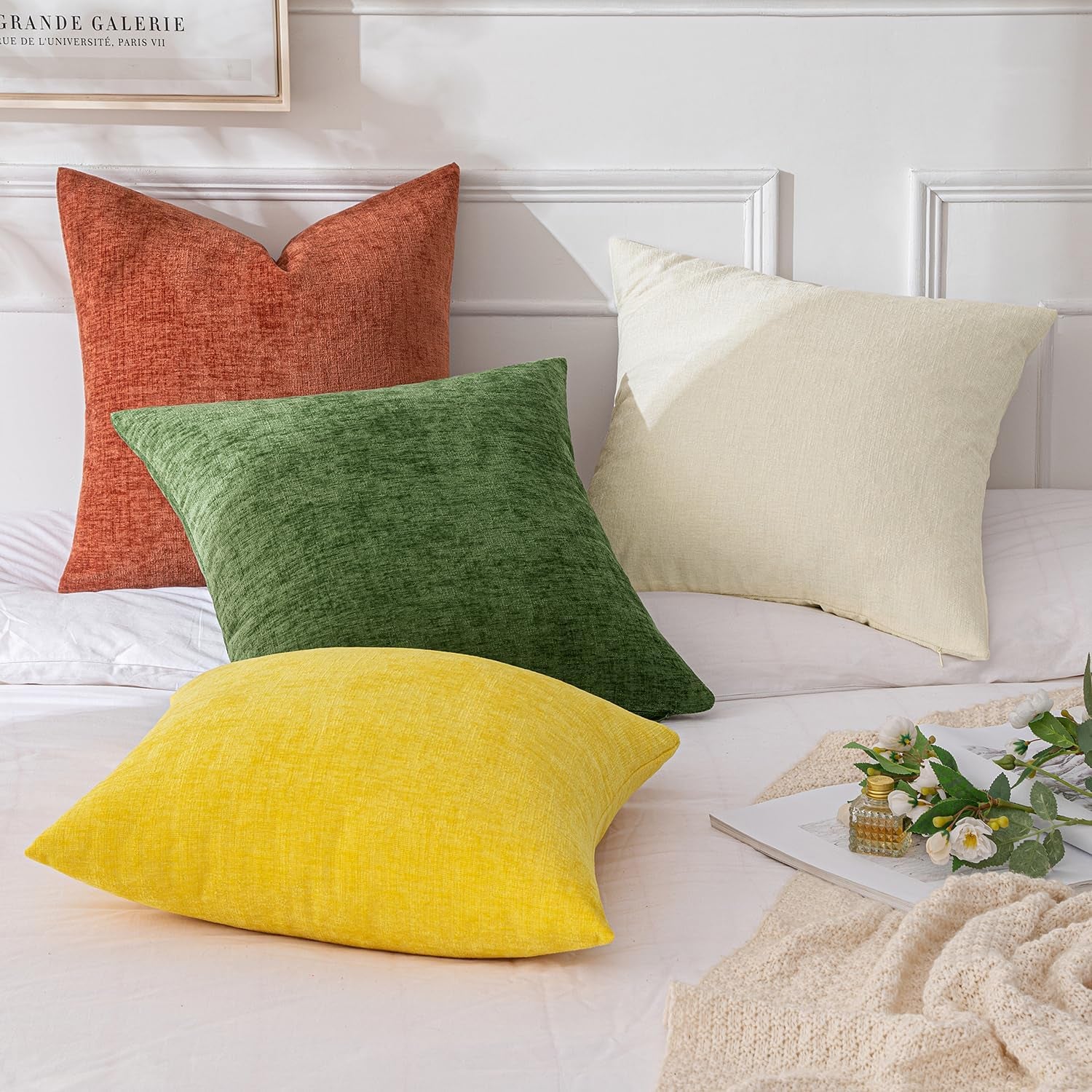 Fall Couch Throw Pillow Covers 18X18 Inch Set of 4 Orange-Green Soft Chenille Pillowcases Western Farmhouse Boho Cushion Shams for Spring Modern Home Decor Sofa Living Room Bed Gradient Series