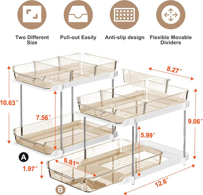 2 Sets of 2-Tier Multi-Purpose Bathroom under Sink Organizers and Storage, Stackable Kitchen Pantry Organization, Pull Out Medicine Cabinet Organizer with 8 Movable Dividers, Amber