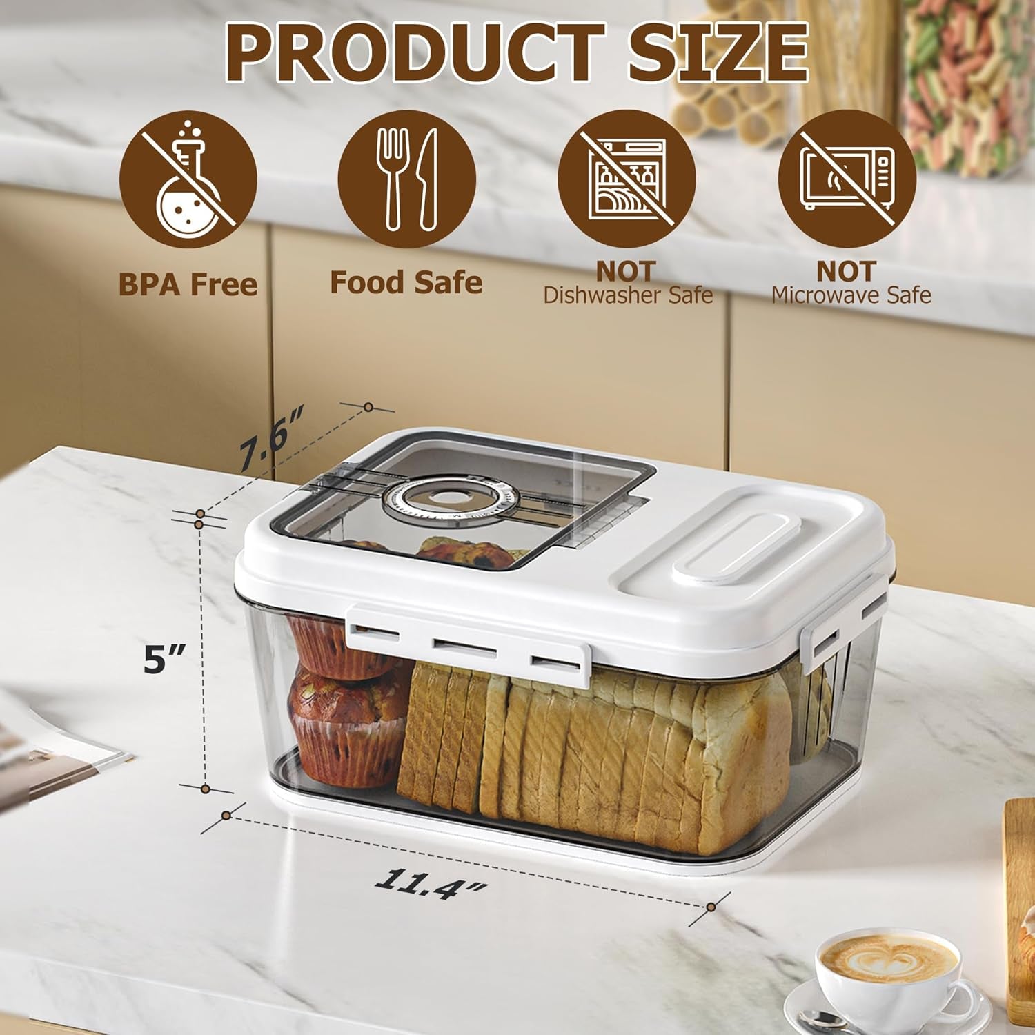 Bread Box for Kitchen Countertop, Airtight Bread Storage Container, Time Recording Bread Keeper with Lid,Bread Storage for Homemade Breads, Toast, and Cookies, White Bread Holder.