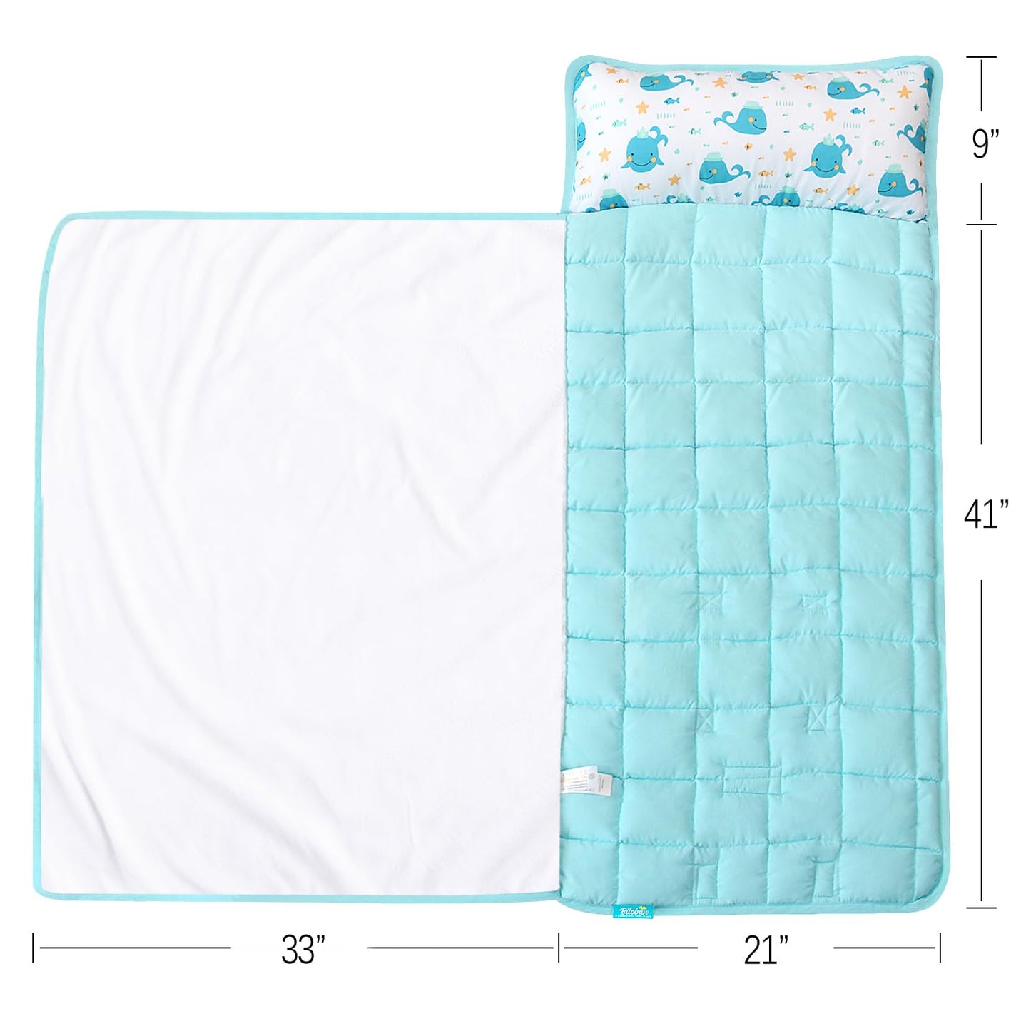 Toddler Nap Mat with Pillow and Blanket, Cot Nap Mats for Daycare Preschool, Lightweight Portable Travel Sleeping Bag for Kids, Warm & Skin-Friendly, Blue Whale, 50" X 21"