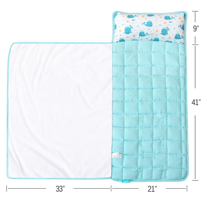 Toddler Nap Mat with Pillow and Blanket, Cot Nap Mats for Daycare Preschool, Lightweight Portable Travel Sleeping Bag for Kids, Warm & Skin-Friendly, Blue Whale, 50" X 21"