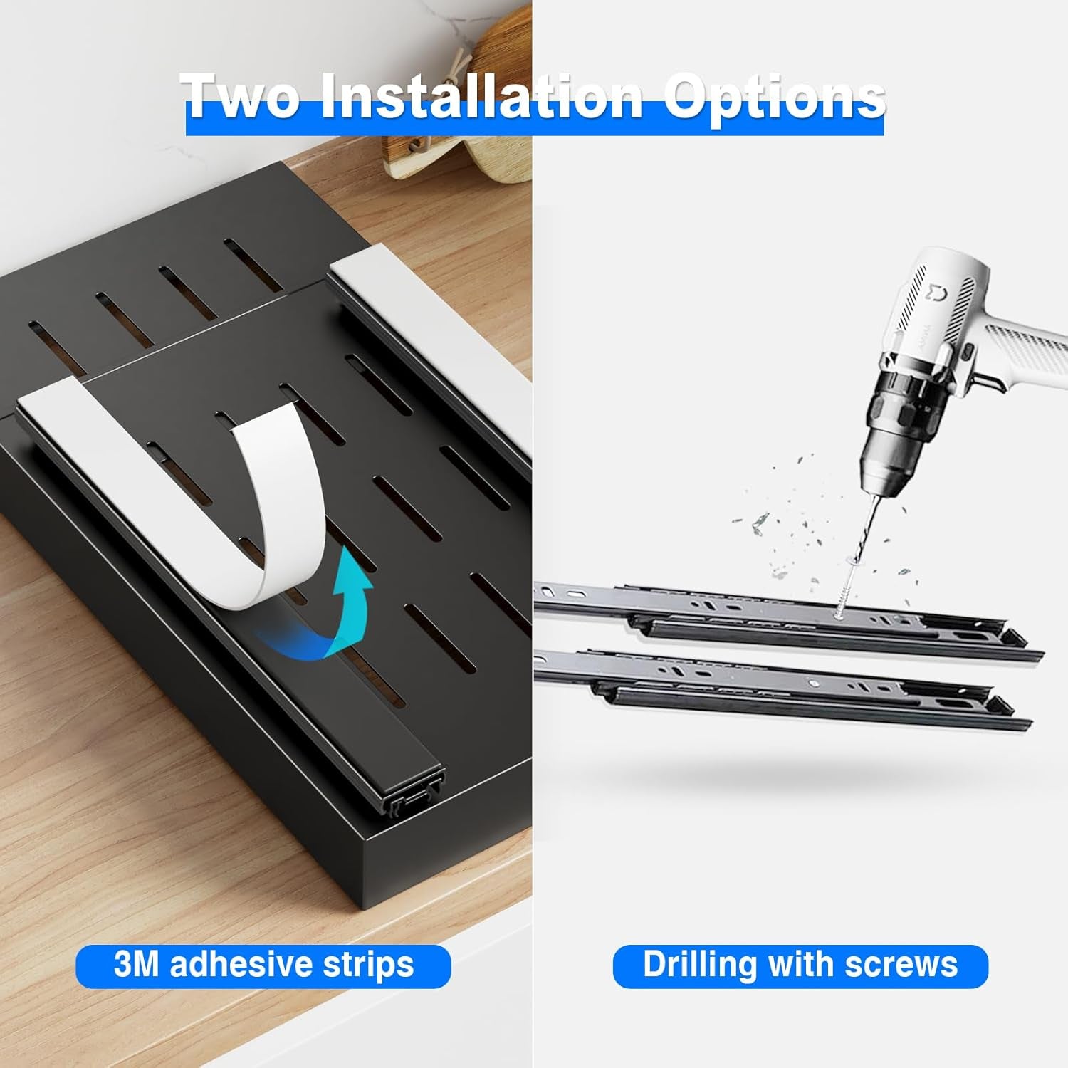 1 Pack Pull Out Cabinet Organizer, 21.8" Deep Slide Out Drawer for Cabinets Adhesive Pull Out Drawers Heavy Duty Pull Out Shelves for Kitchen, Cupboard, Pantry, Bathroom-Black