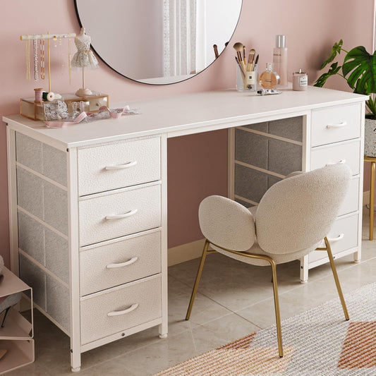 47-Inch White Vanity Desk with 8 Fabric Drawers - Spacious Computer Desk for Home Office and Bedroom Storage