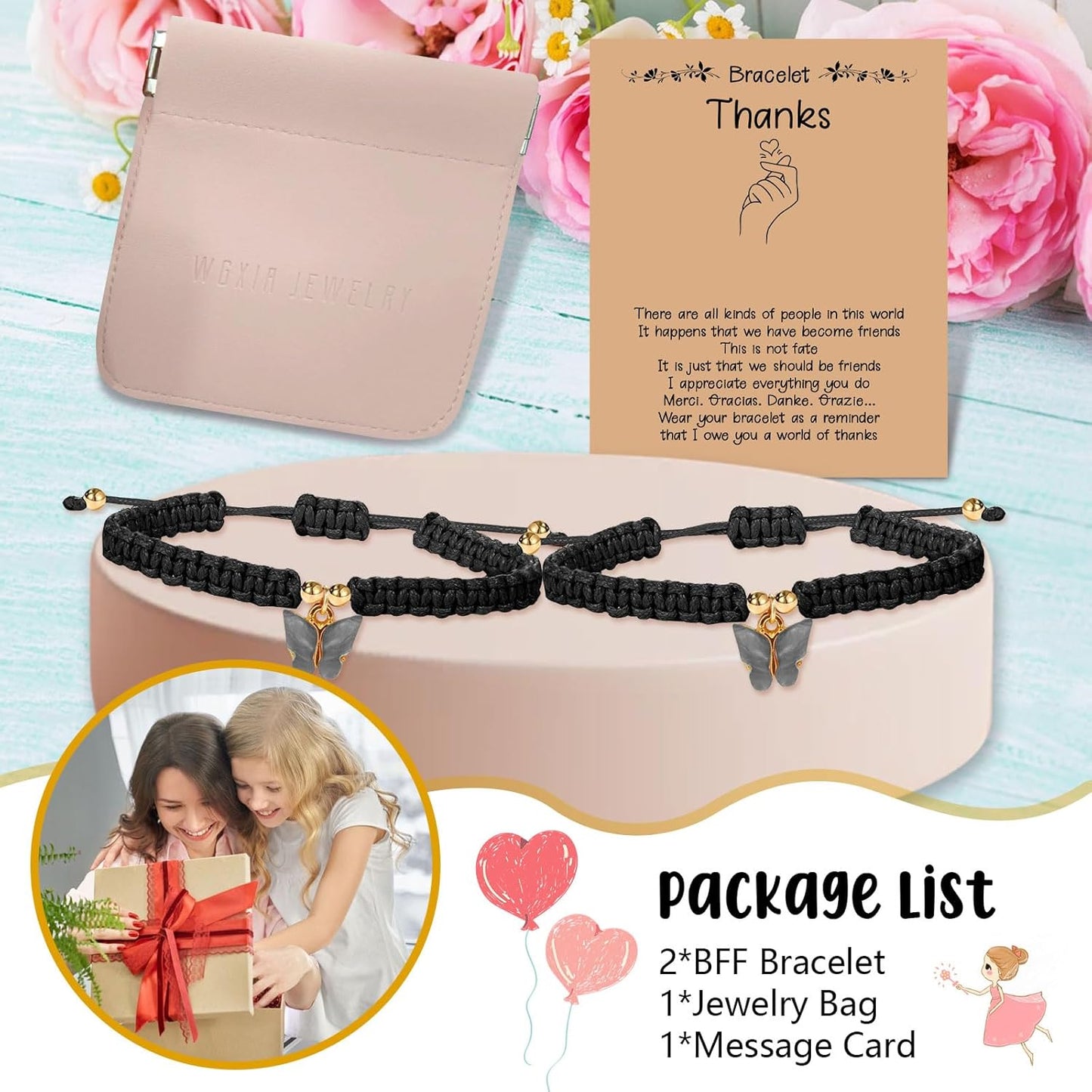 2Pcs Rope Woven Friendship Bracelets Best Friends String Matching Handmade Adjustable Butterfly Charm Cord Bracelets for Women Girls Lovers Couples Christmas Thanksgiving Gifts with Thanks Cards