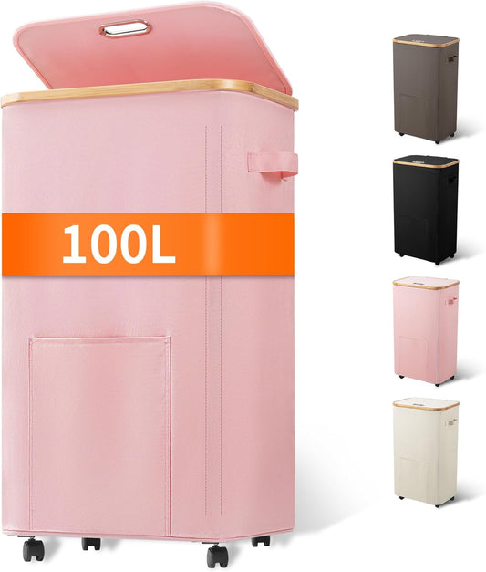 Laundry Basket with Wheels, Tall Dirty Clothes Hamper on Wheels, Rolling Laundry Hamper with Lid for Dorm, Bedroom and Bathroom (Pink, 100L)