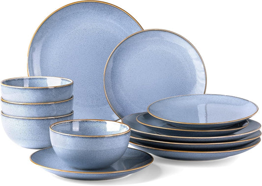 Ceramic Dinnerware Set for Four - 12-Piece Stoneware Plate and Bowl Collection with Reactive Glaze, Scratch Resistant, Dishwasher and Microwave Safe - Brunnera Blue