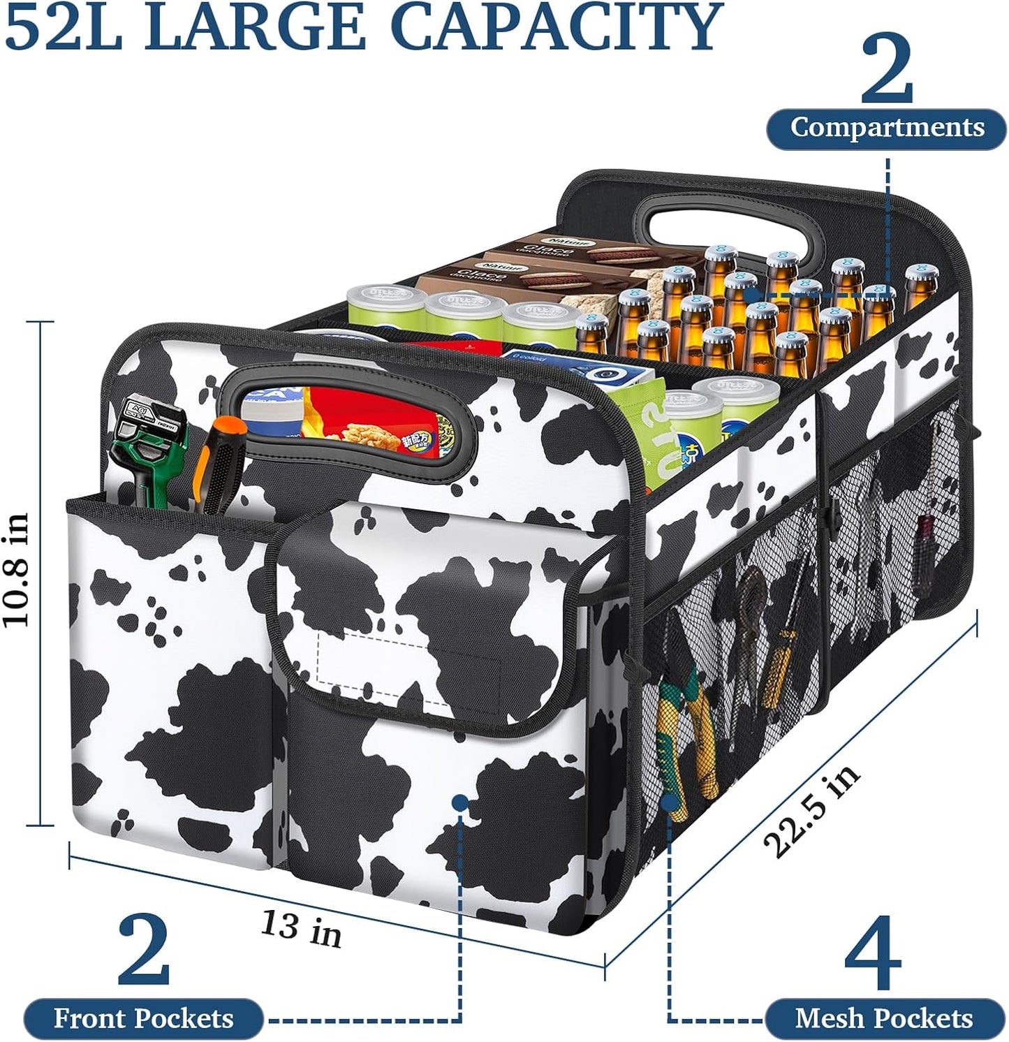 Car Trunk Organizer, Cow Print, Vintage Style, 52L Capacity, 4 Compartments, Waterproof, Non-Slip, Collapsible, 22.5"D X 18"W X 10.8"H