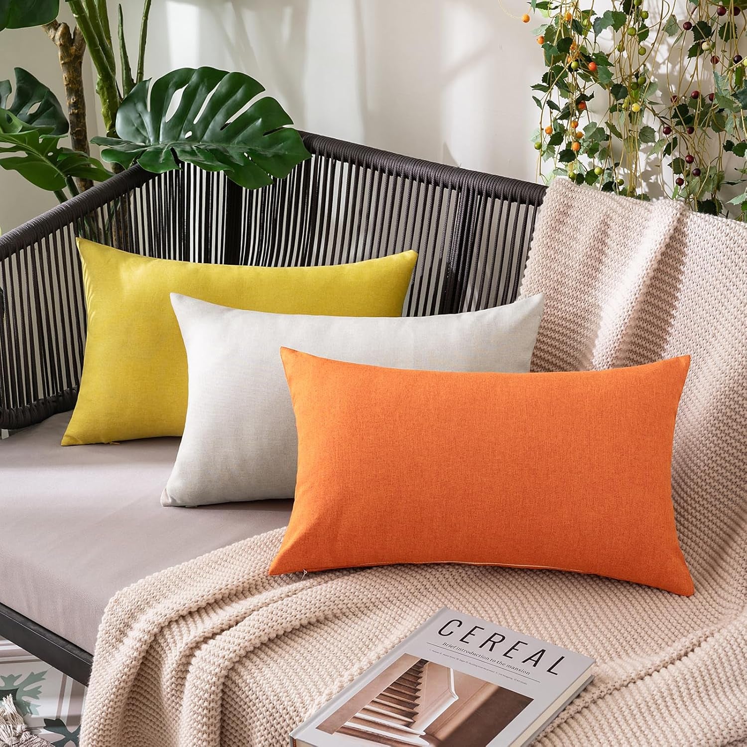 Pack of 2 Decorative Outdoor Solid Waterproof Fall Throw Pillow Covers Faux Linen Garden Farmhouse Cushion Cases for Summer Patio Tent Balcony Couch Sofa 18X18 Inch Bright Orange