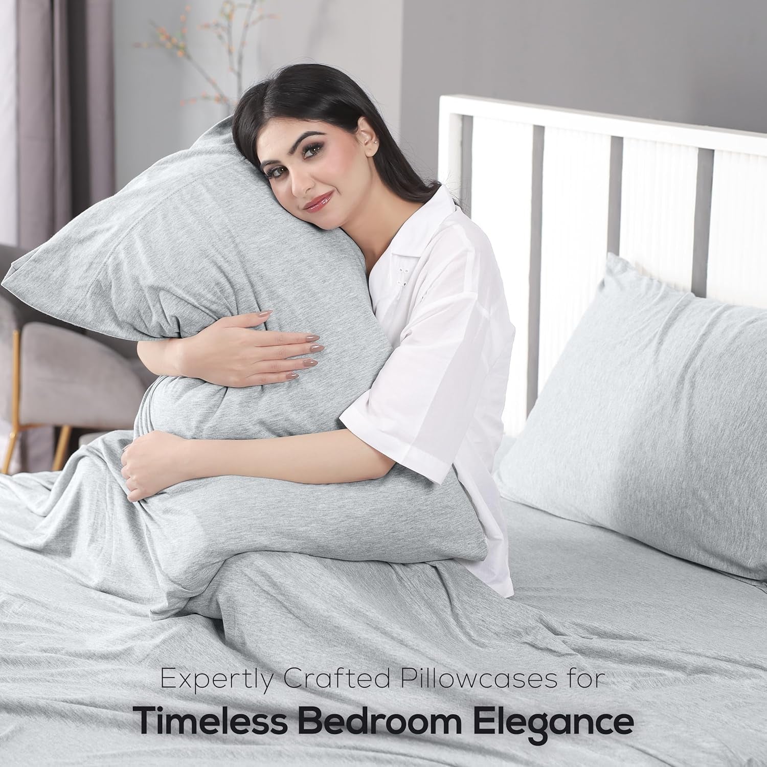 Queen Sheet Set - Jersey Knit Sheets 4 Piece – Cotton – Soft T-Shirt Stretchy Sheets (Heather Light Grey)