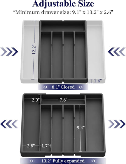 Silverware Organizer for Drawers - Expandable Cutlery and Utensil Drawer Organizer with Easy Maintenance, Premium PP Kitchen Organizers and Storage for Flatware, Black, 13.2" X 12.2" X 1.6"