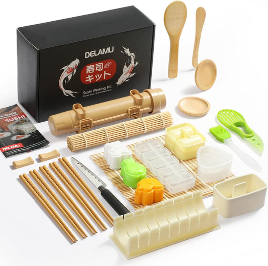 Sushi Making Kit 27 in 1 [Parent-Child] Sushi Kit, for Beginners/Pros Sushi Makers, with Bamboo Sushi Mats, Sushi Bazooka, Onigiri Mold, Rice Paddle, Sushi Knife, Guide Book & More