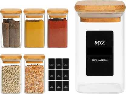6Pcs 8Oz Spice Jars with Label Trial Set, Glass Spice Jars with Bamboo Lids Supplementary Set, Seasoning Container Trial Pack, Perfect for Ktichen Starter