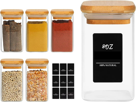 6Pcs 8Oz Spice Jars with Label Trial Set, Glass Spice Jars with Bamboo Lids Supplementary Set, Seasoning Container Trial Pack, Perfect for Ktichen Starter
