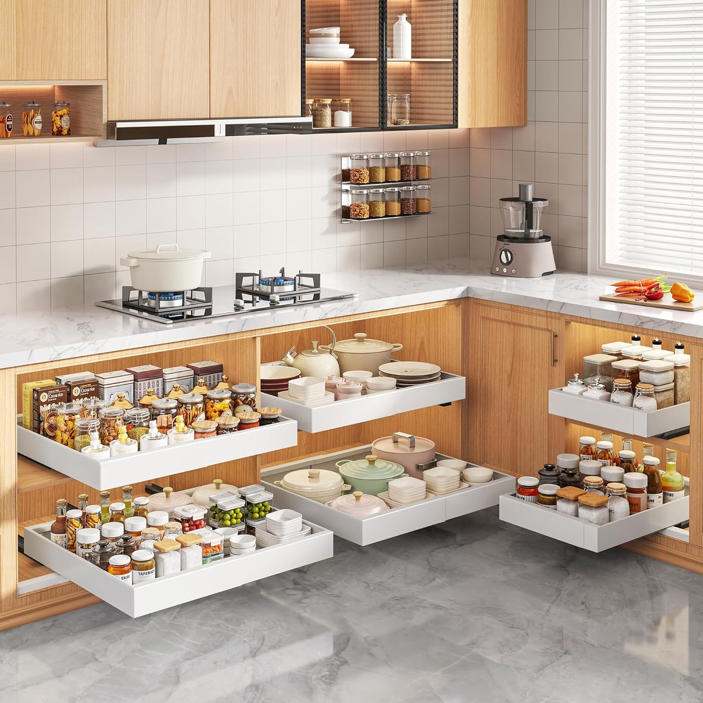 2-Pack 21" Deep Pull-Out Cabinet Organizers with Raising Pad for Framed Cabinets, Expandable Slide-Out Drawers with 3 Slide Rails, Adhesive Roll-Out Shelves, Adjustable Width 12"-20.45", White