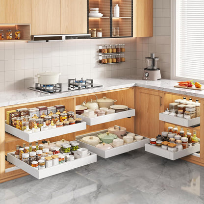 2-Pack 21" Deep Pull-Out Cabinet Organizers with Raising Pad for Framed Cabinets, Expandable Slide-Out Drawers with 3 Slide Rails, Adhesive Roll-Out Shelves, Adjustable Width 12"-20.45", White