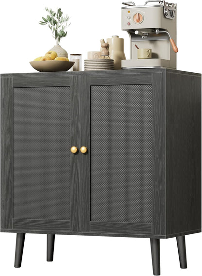 Elegant Buffet Cabinet with Storage, Featuring PE Rattan Decor Doors and Solid Wood Feet, Ideal for Hallway, Entryway, and Living Room, All Black Finish