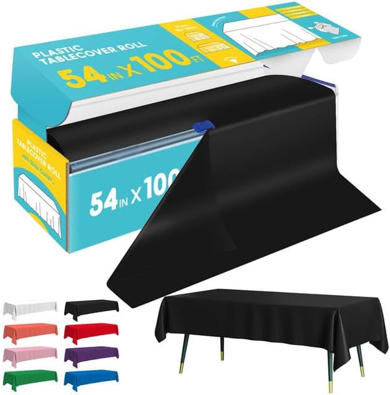 Black Plastic Table Cover Roll - 54IN X 100FT, Table Cloth for Rectangle Table with Slide Cutter, Plastic Table Cloth Disposable with Cut-To-Size Design for Weddings, Banquets, Parties
