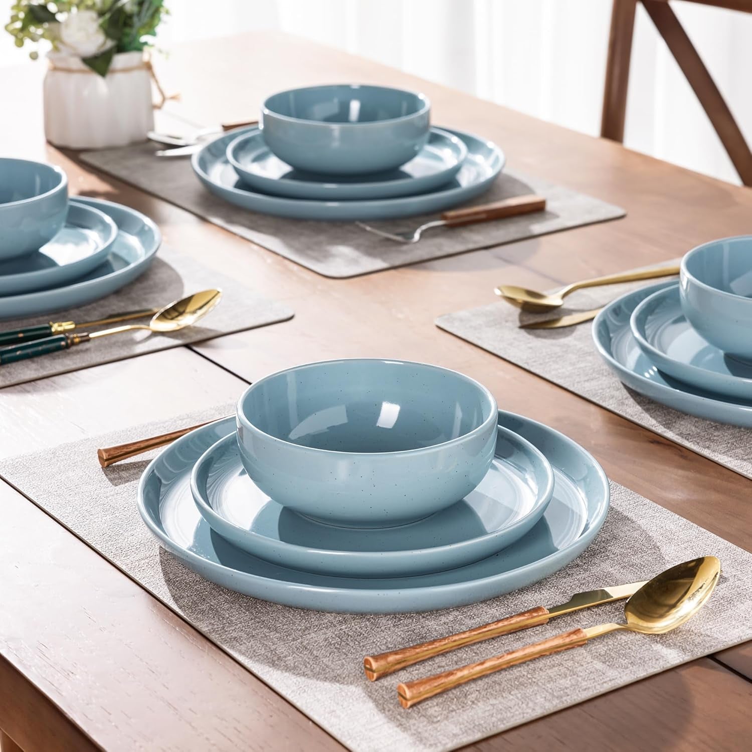 Ceramic Dinnerware Set for Four - 12-Piece Stoneware Plates and Bowls, Handmade, Chip and Scratch Resistant, Dishwasher and Microwave Safe