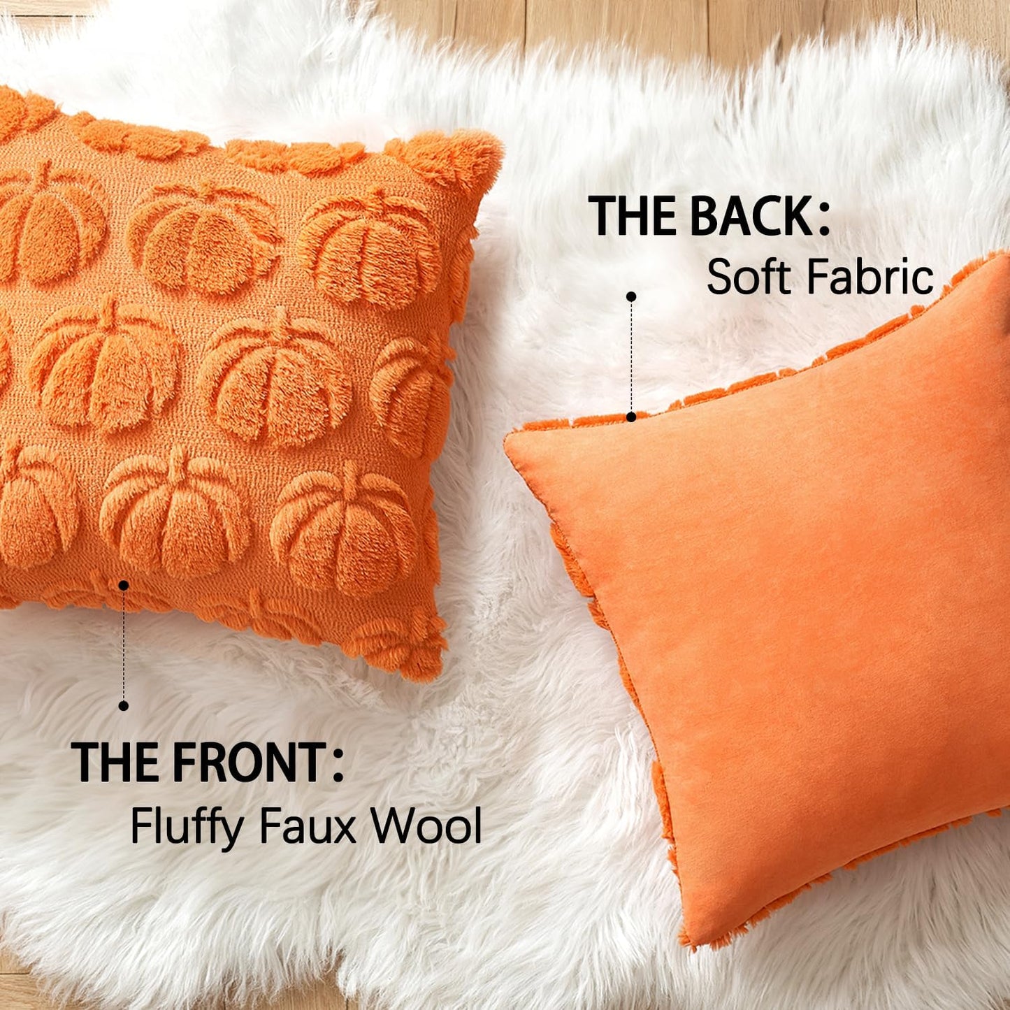 Fall Throw Pillow Covers 18X18 Set of 2 Autumn Decorations Orange Pumpkin Accent Pillowcase for Outdoor Porch Sofa Couch Bed Living Room Plush Faux Fur Halloween Farmhouse Home Decor