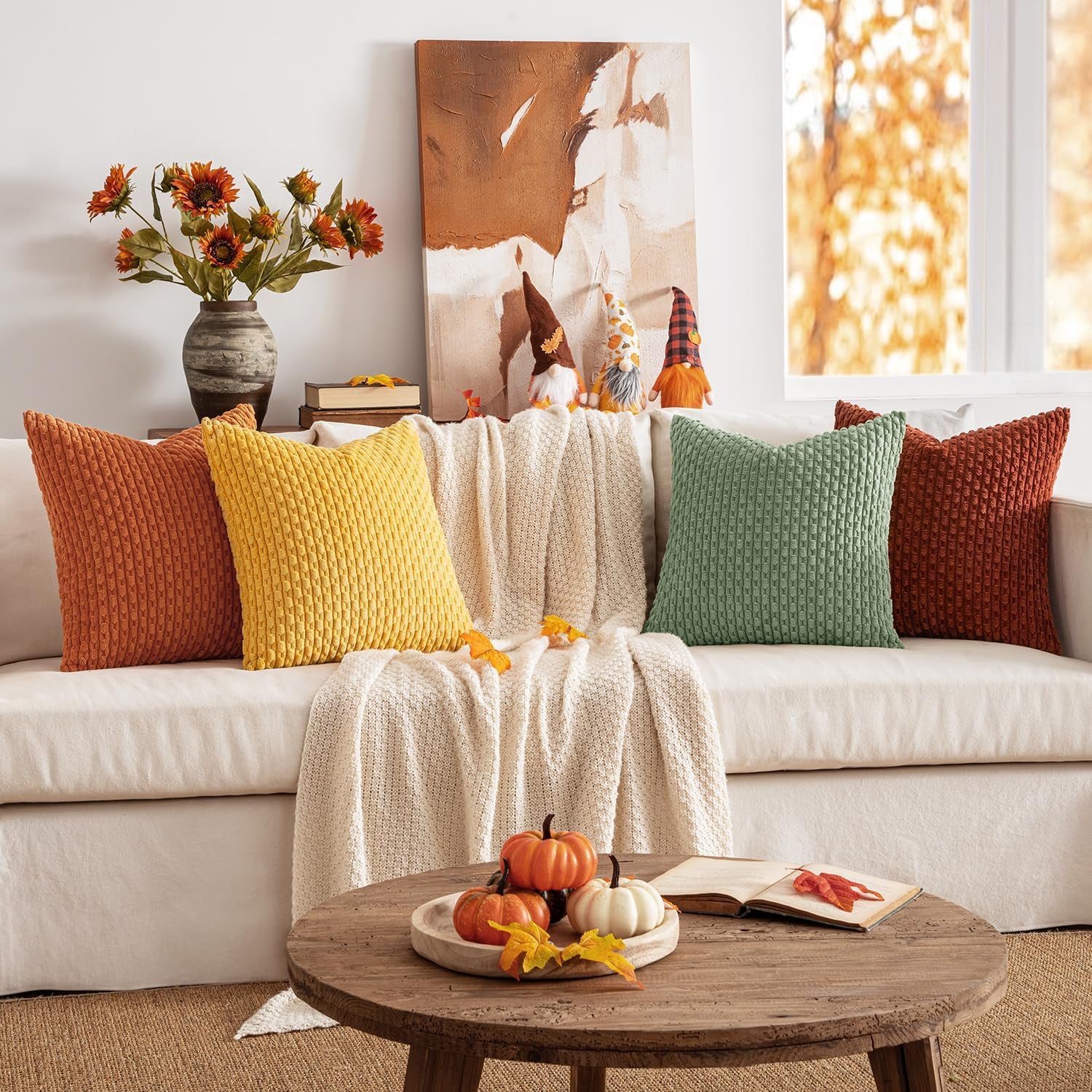 Set of 4 Fall Burnt Orange Corduroy Throw Pillow Covers - Boho Striped Decorative Cushion Cases for Couch, Bed, and Sofa - 18x18 Inch Farmhouse Home Decor