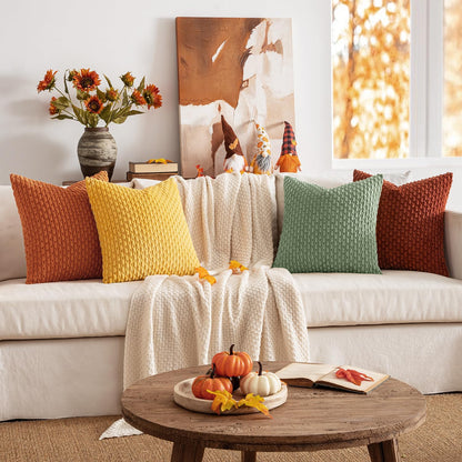 Set of 4 Fall Burnt Orange Corduroy Throw Pillow Covers - Boho Striped Decorative Cushion Cases for Couch, Bed, and Sofa - 18x18 Inch Farmhouse Home Decor