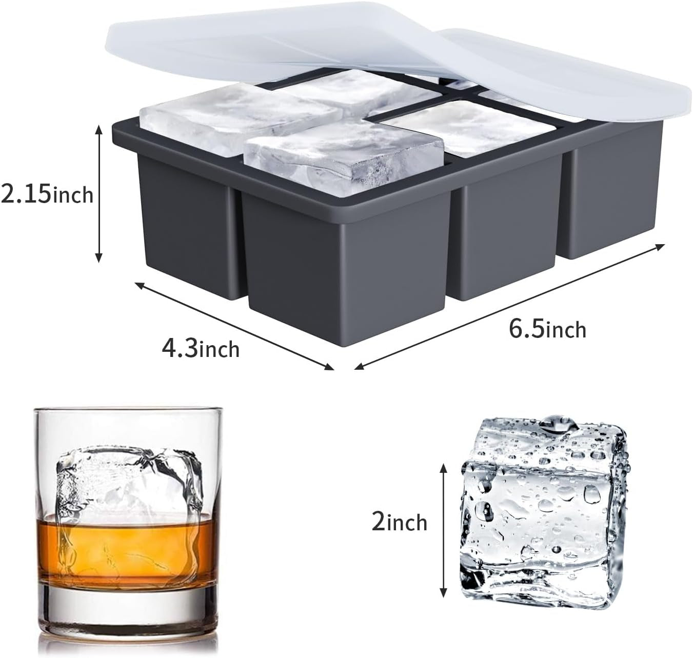 Large Ice Cube Tray for Whiskey:  Silicone Ice Cube Trays with Lid - 2Pack Big Square Old Fashioned Ice Cube Maker for Cocktail - 2Inch Huge Cubed Ice Trays for Whisky