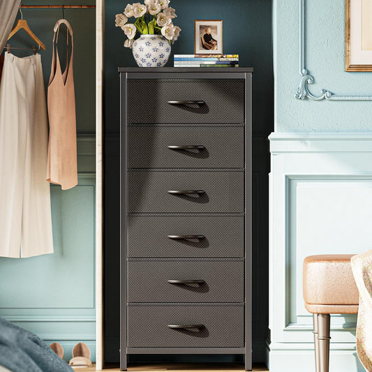 Tall Fabric Dresser with 6 Drawers and Metal Frame, Versatile Storage Solution for Bedroom, Closet, and Nightstand, Black