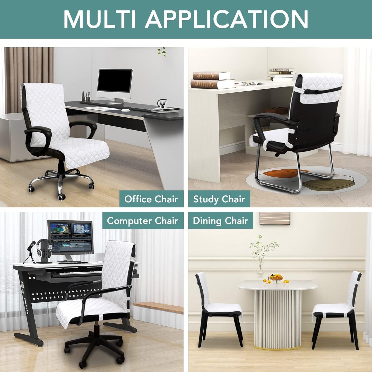 Reversible Office Chair Cover Water Resistant Dining Chair Cover Soft Desk Computer Chair Slipcover with Anti-Slip Buckle for Armchair or Armless Chair (Medium, White/White)