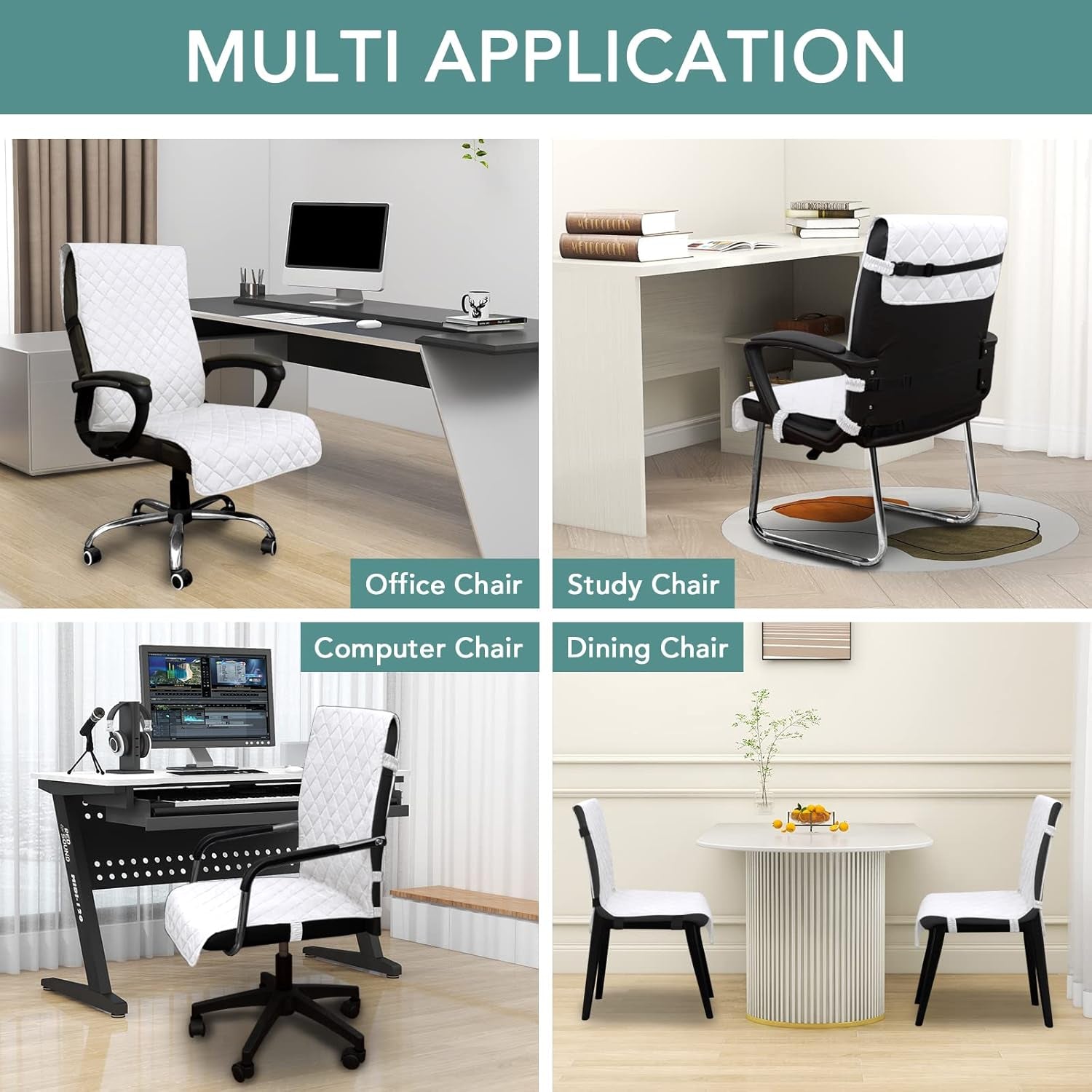 Reversible Office Chair Cover Water Resistant Dining Chair Cover Soft Desk Computer Chair Slipcover with Anti-Slip Buckle for Armchair or Armless Chair (Medium, White/White)
