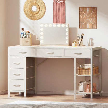 47-Inch Computer Desk with 6 Drawers and Shelves, Reversible Corner Desk for Home Office, Study, and Living Room, White