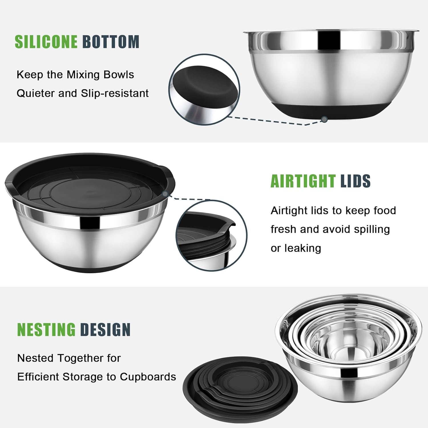 Mixing Bowl with Lid Set, 5 Piece Stainless Steel Mixing Nesting Bowls for Salad Storage, 3 Grater Attachments & Non-Slip Bottoms, Size 1/1.5/2 / 2.6/4.6 QT, Black