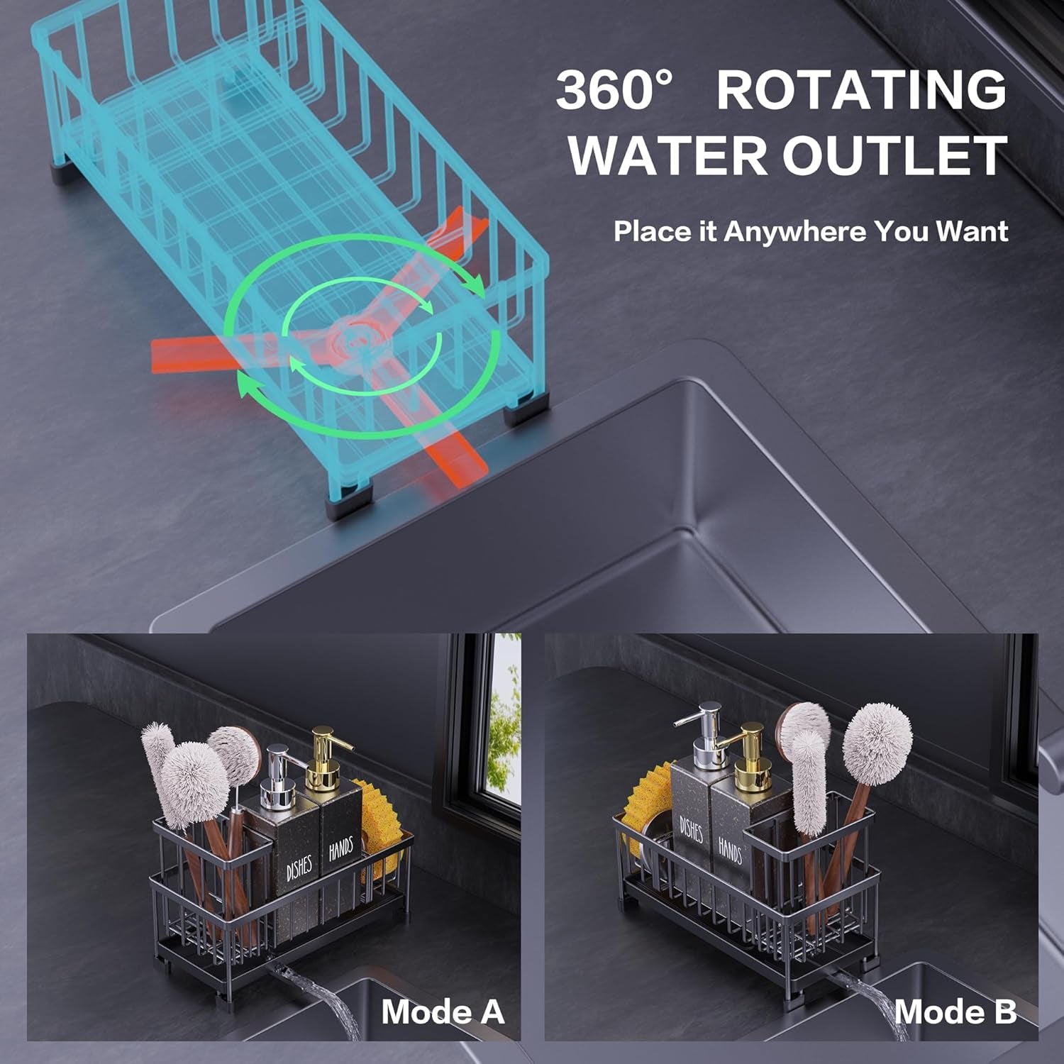 Kitchen Soap Dispenser Set with Sink Caddy, 12 Oz Glass Bottle, Hand and Dish Soap Dispenser Set with Sponge Holder (Black Sink Caddy + Black Bottle)