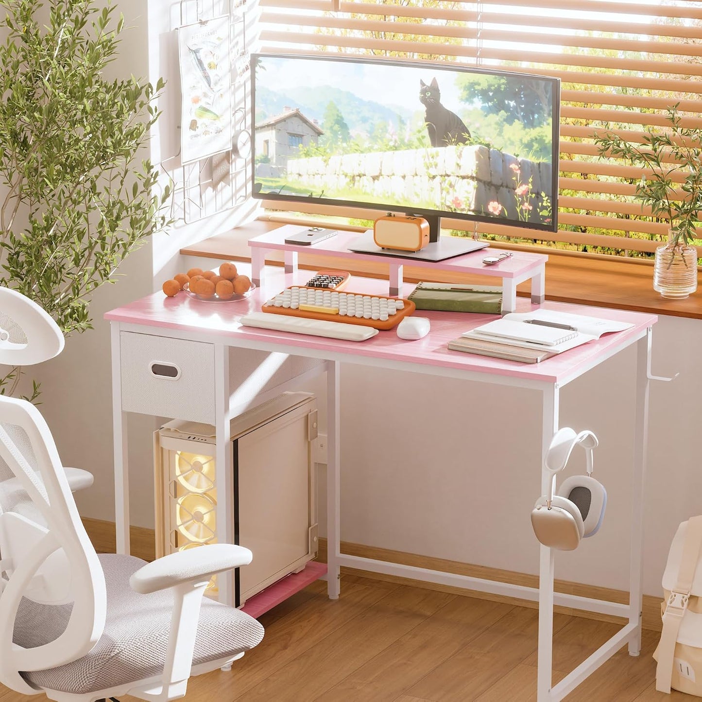 39 Inch Computer Desk with Monitor Stand Small Home Office Desks with Non-Woven Storage Drawer for Bedroom Study Table Writing and Work Desk Pink